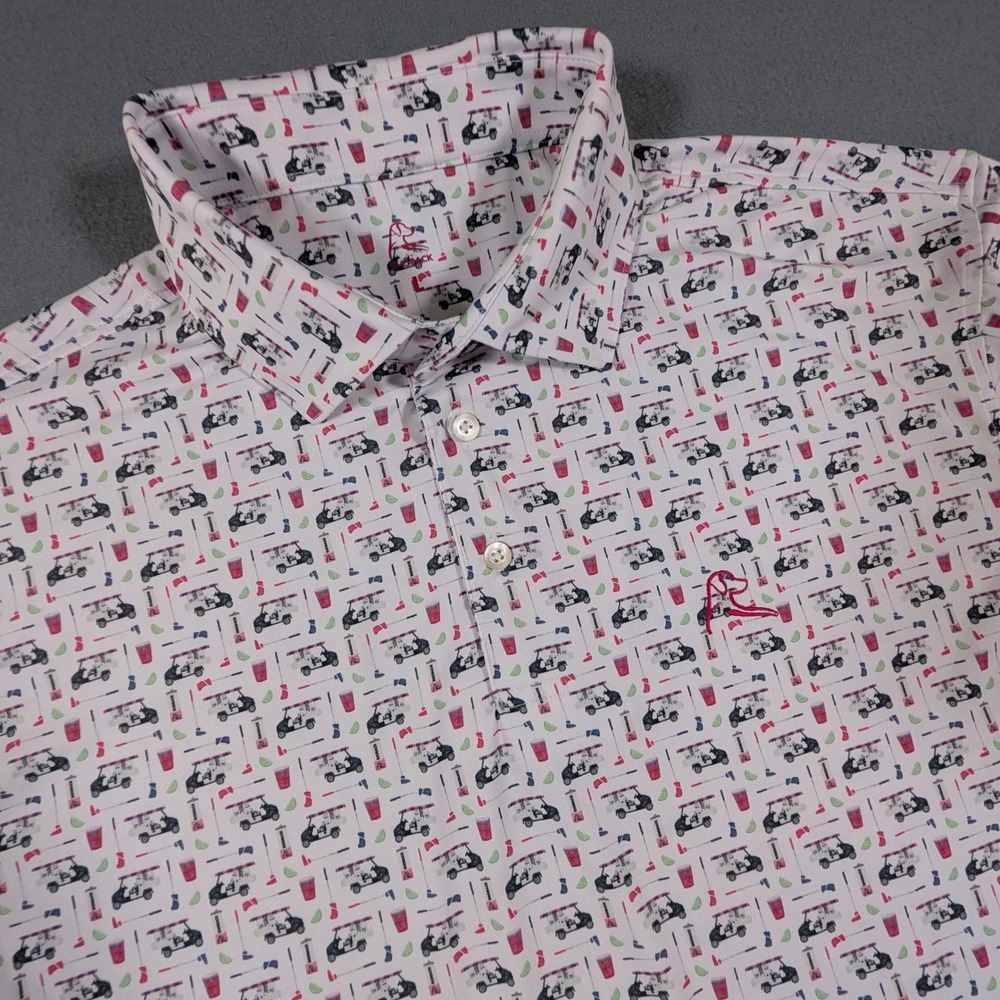 Rhoback Golf Polo Mens Size Large White Golf Cart Drink Print Performance Shirt